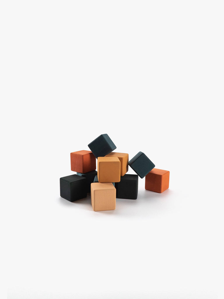 A small pile of Sabo Concept Mini Wooden Blocks - Tropics, featuring black, orange, and beige colors, is arranged on a white surface against a plain white background—perfect as educational toys for developing fine motor skills.