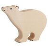 The Holztiger Polar Bear is a handcrafted European wooden toy with a smooth, light finish, simple black facial and paw details, a blue eye dot, and is part of the charming HOLZTIGER figures collection.