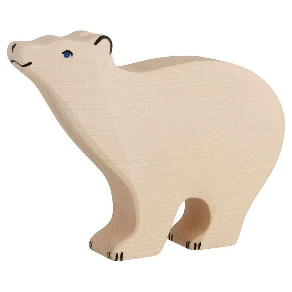 The Holztiger Polar Bear is a handcrafted European wooden toy with a smooth, light finish, simple black facial and paw details, a blue eye dot, and is part of the charming HOLZTIGER figures collection.
