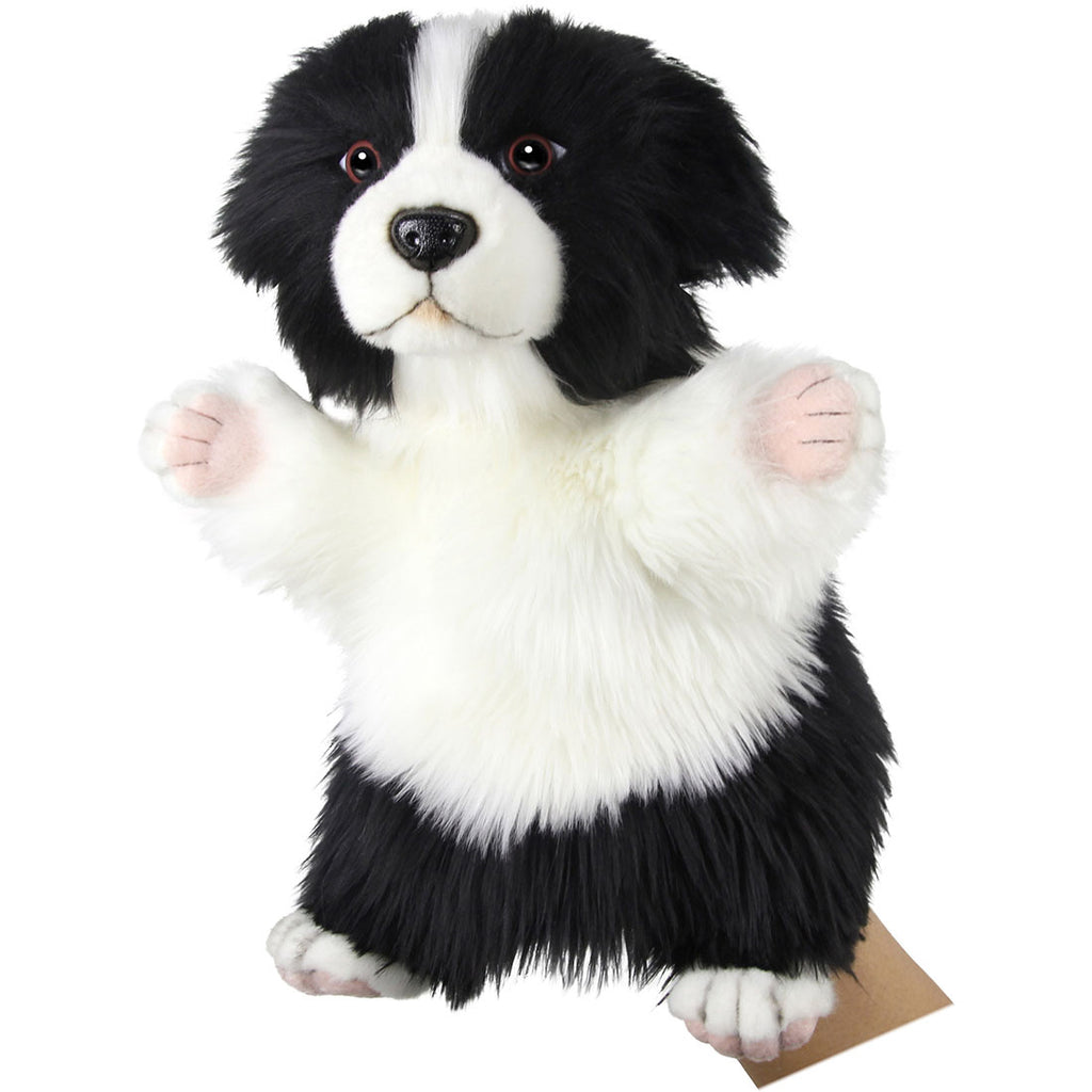 The Border Collie Dog Puppet is a black and white, fluffy, hand-sewn puppet with raised paws, button eyes, and a slightly open mouth—ideal for fans of realistic stuffed animals and plush pet puppets.