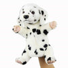 A Dalmatian Dog Puppet, hand sewn from high quality plush materials, featuring a white fur base with black spots, designed with an open mouth and outstretched arms.