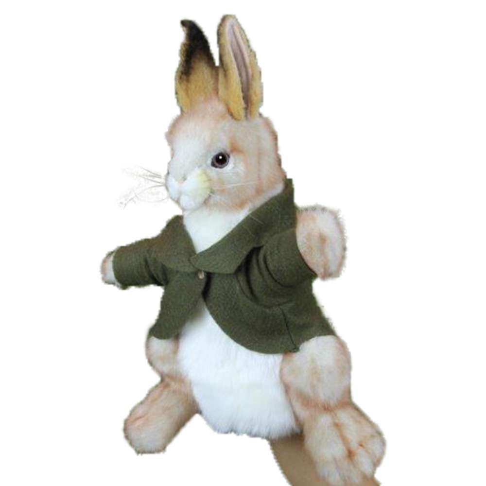 Introducing the Bunny Puppet With Green Jacket: a charming, hand-sewn plush rabbit toy. This delightful bunny stands upright and features realistic details, with large ears and a white belly that complement its soft brown fur and welcoming expression.