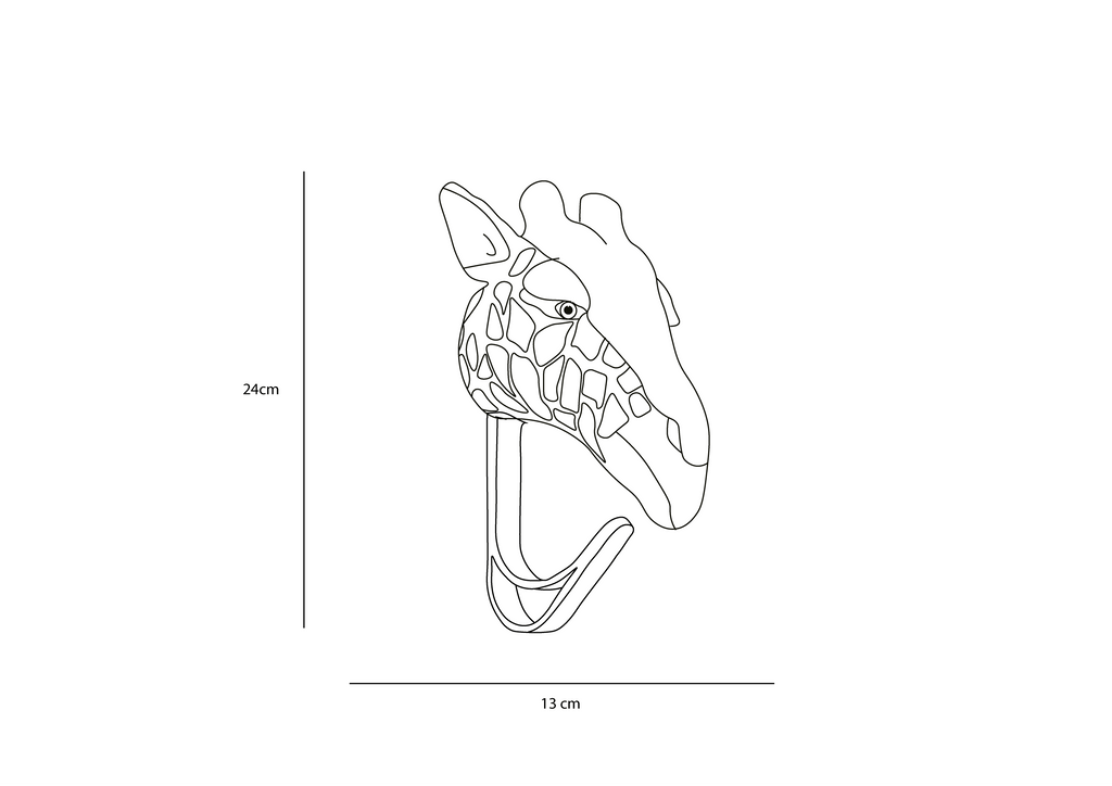 The Coat Hanger - Giraffe is a line-drawn wall hook shaped like a giraffe’s head, measuring 24 cm tall and 13 cm wide, with the hook positioned beneath the giraffe’s chin.