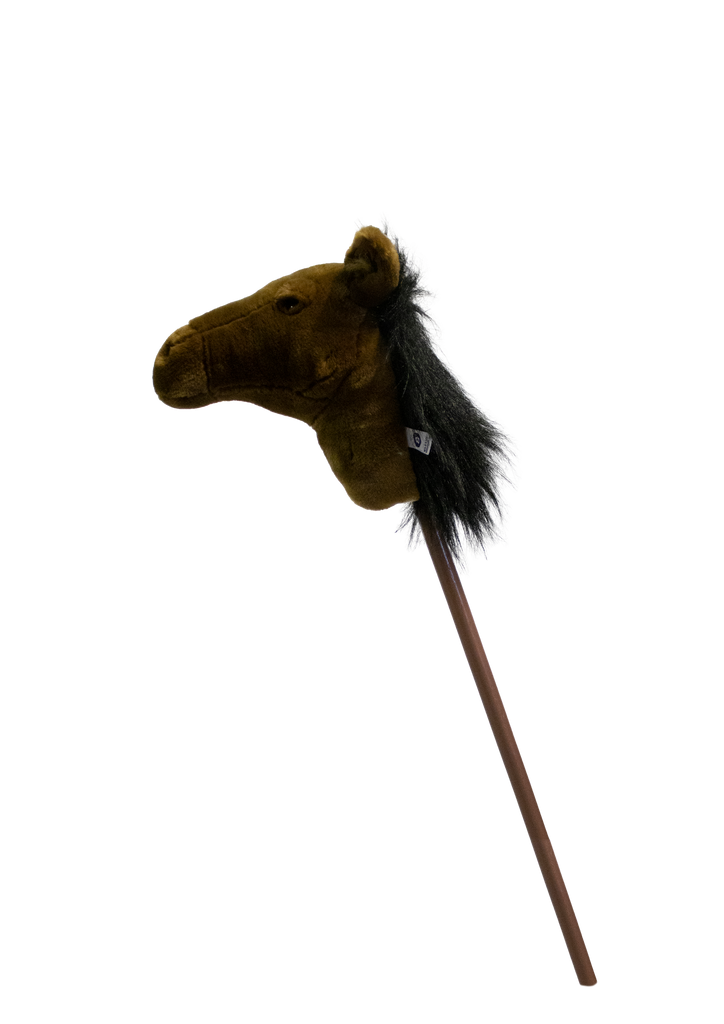 The Pretend Play Ride-On Horse is a brown plush stick horse with a black mane on a long wooden stick, ideal for imaginative play. It is shown against a plain white background.