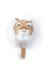 The Coat Hanger - Tiger features a plush tiger head with white fur and realistic details, mounted on a wooden wall hook against a plain white background.