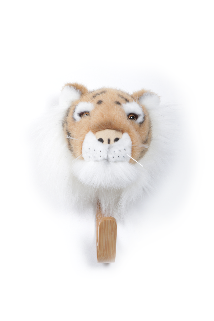 The Coat Hanger - Tiger features a plush tiger head with white fur and realistic details, mounted on a wooden wall hook against a plain white background.