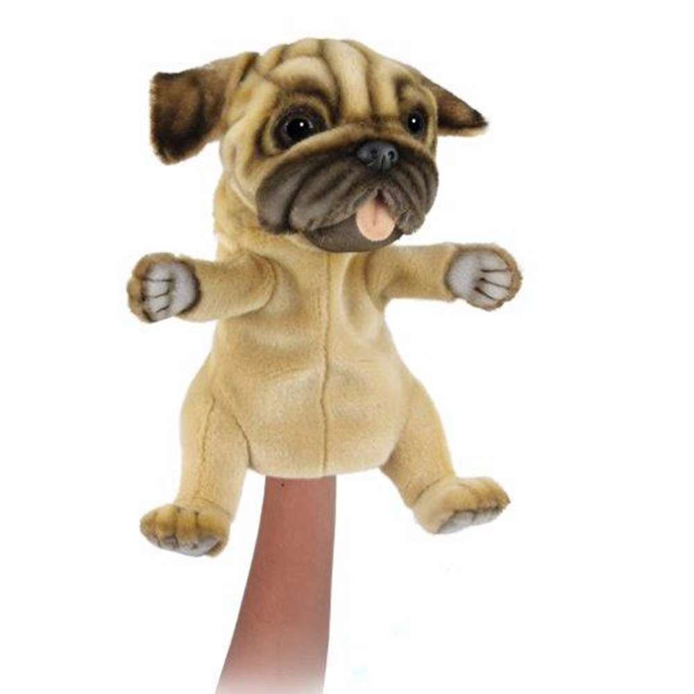 Sentence with Product Name: A Pug Dog Puppet with a wide-eyed, cute expression and a protruding tongue, designed to fit over a hand, against a white background. This hand-sewn plush animal is crafted to ensure