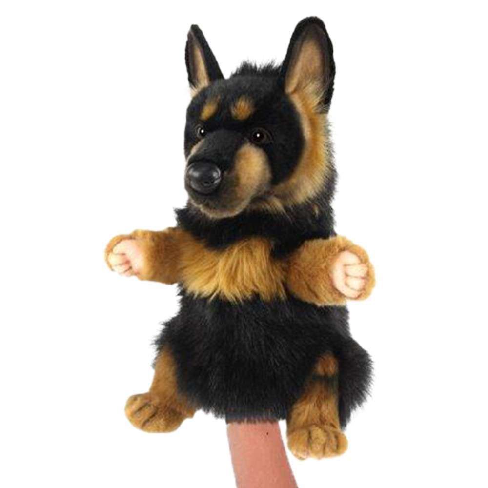 The German Shepherd Dog Puppet is a handmade plush designed to resemble a German Shepherd, featuring realistic black and tan fur, pointed ears, and a lifelike expression. It's operated by inserting your hand from the bottom, capturing every detail flawlessly.