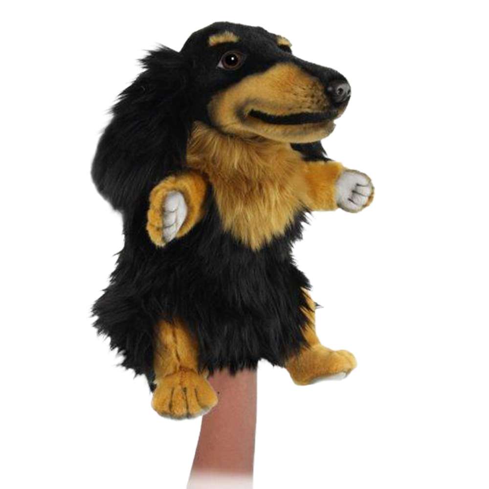 Hand puppet designed to resemble a Dachshund Dog Puppet with an expressive face, featuring floppy ears and a furry body, isolated on a white background.