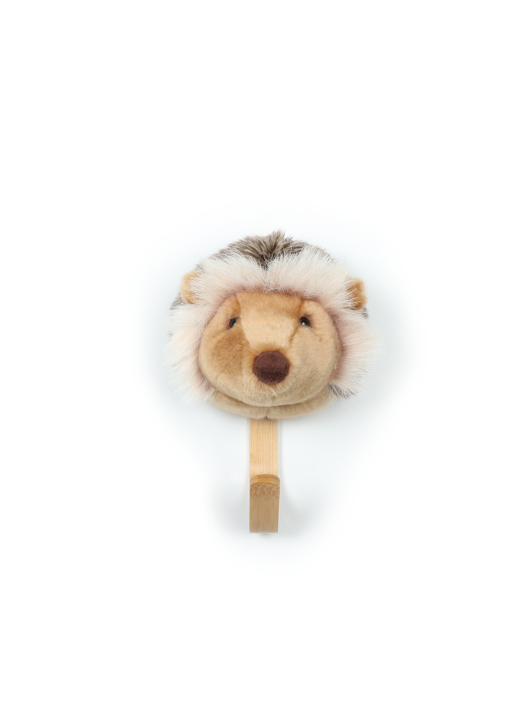 The Coat Hanger - Hedgehog features a plush hedgehog head mounted on an animal coat hanger with a wooden hook, shown against a white background.