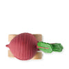 Betty The Beetroot Baby Car is a wooden toy shaped like a beet, featuring a red bulb, green leafy top, and wooden block base. Made from FSC-certified wood, it's shown from above on a white background.