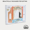 The Tabletop Puppet Wooden Theater is a boxed wooden toy with an illustrated stage, labeled "Theatre" and "Le Toy Van." Beautifully packaged for gifting, the 100% recyclable box makes it perfect for imaginative role play.