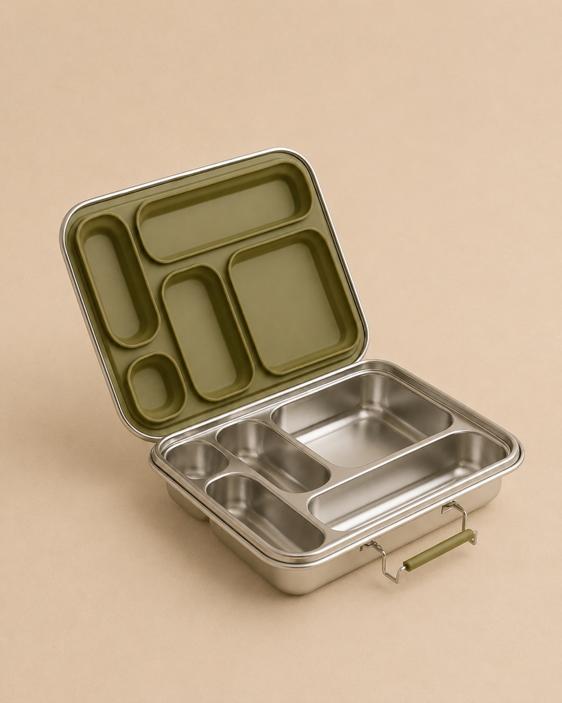The Haps Nordic Stainless Steel Lunch Box - Multi-Compartment - Olive features several food compartments and a green tray insert, displayed open on a plain beige background—this eco-friendly container is ideal for keeping your meals organized and waste-free.