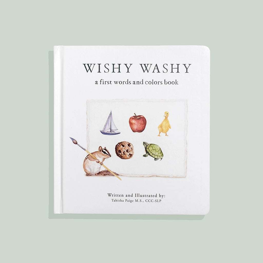 A children's board book titled "Wishy Washy: A Board Book of First Words and Colors" by Tabitha Page, illustrated by M.S., OC-SLP, features a rabbit.