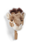 A plush giraffe head with brown and cream fur is mounted on a light bamboo coat hanger against a white background.