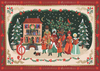 The Christmas Carols Jigsaw Puzzle features people in winter attire singing from songbooks that spell “MERRY CHRISTMAS” in front of a house, all framed by a border of poinsettias and musical notes.
