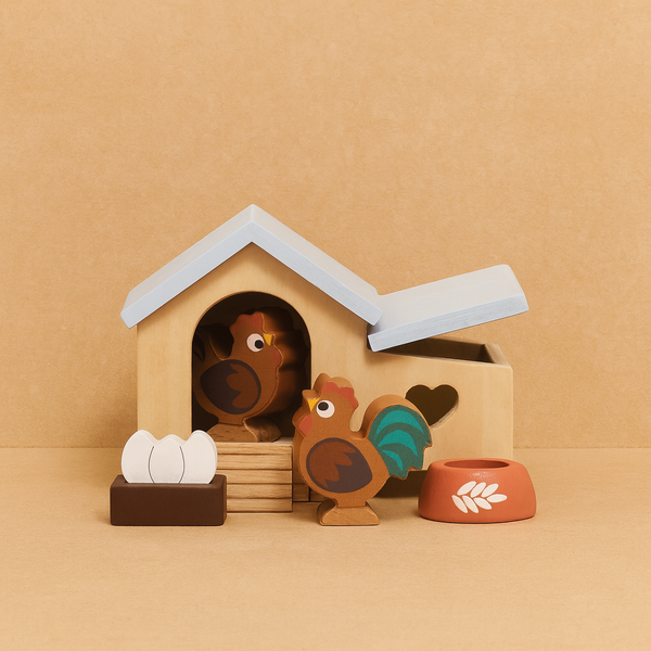 The Chicken Coop Playset, crafted from FSC-certified wood, includes a hen, rooster, three eggs, a brown nest, and an orange food bowl—perfect for imaginative farmyard play.