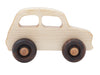 The Little Wooden French Car is a simple, eco-friendly baby toy with a smooth natural wood finish, cut-out windows, and two dark wooden wheels on each side—perfectly sized for little hands.