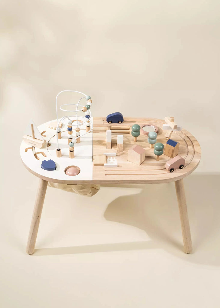 A Wooden Activity Table with various educational toys, including blocks, beads, and moving elements, all set against a soft beige background.