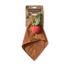 Pepa the Apple Big Doudou is a rust-colored comfort toy made from organic cotton, featuring a red apple-shaped natural rubber teether with green fabric leaves, on branded "Oli & Carol" packaging.
