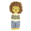 The Blabla Organic Alpaca Wool Happy Go Lucky Lion Doll is a handmade Peruvian plush lion with a fluffy brown mane, yellow face and paws, and a white, green, and blue sweater—crafted from soft organic alpaca fleece.