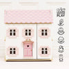 Sophie's Wooden Dolls House, in pastel pink with a heart-shaped door, fosters creativity, coordination, imagination, dexterity, and social skills. FSC-certified for endless play. Icons and text highlight its developmental benefits.
