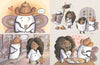 The book "Little Ghost Makes a Friend" features four images portraying a shy ghost donning a witch hat and a child going trick-or-treating. The ghost also appears in another scene wearing a cowboy hat and a star badge, exclaiming, "Me too!" They go trick-or-treating together, share laughs while enjoying food, and form a bond. The background is lively with Halloween decorations and friendly activities from the neighborhood Halloween party.