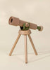 The Wooden Tripod Telescope – 15x Zoom features green accents and a sturdy three-legged base, ideal for pretend play adventures. Shown against a plain beige background, it offers young explorers exciting magnified views.