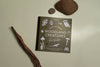 Mushrooms & Woodland Creatures: A Kids Drawing Book rests on a light surface, surrounded by a stick and two smooth stones. Its cover shows animals, mushrooms, and leaves—ideal for homeschool art lessons.