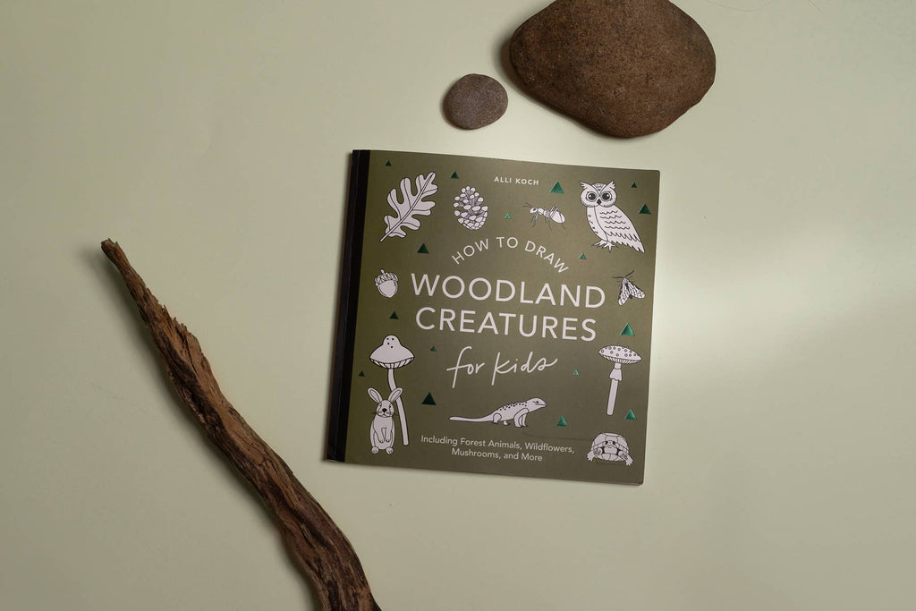 Mushrooms & Woodland Creatures: A Kids Drawing Book rests on a light surface, surrounded by a stick and two smooth stones. Its cover shows animals, mushrooms, and leaves—ideal for homeschool art lessons.