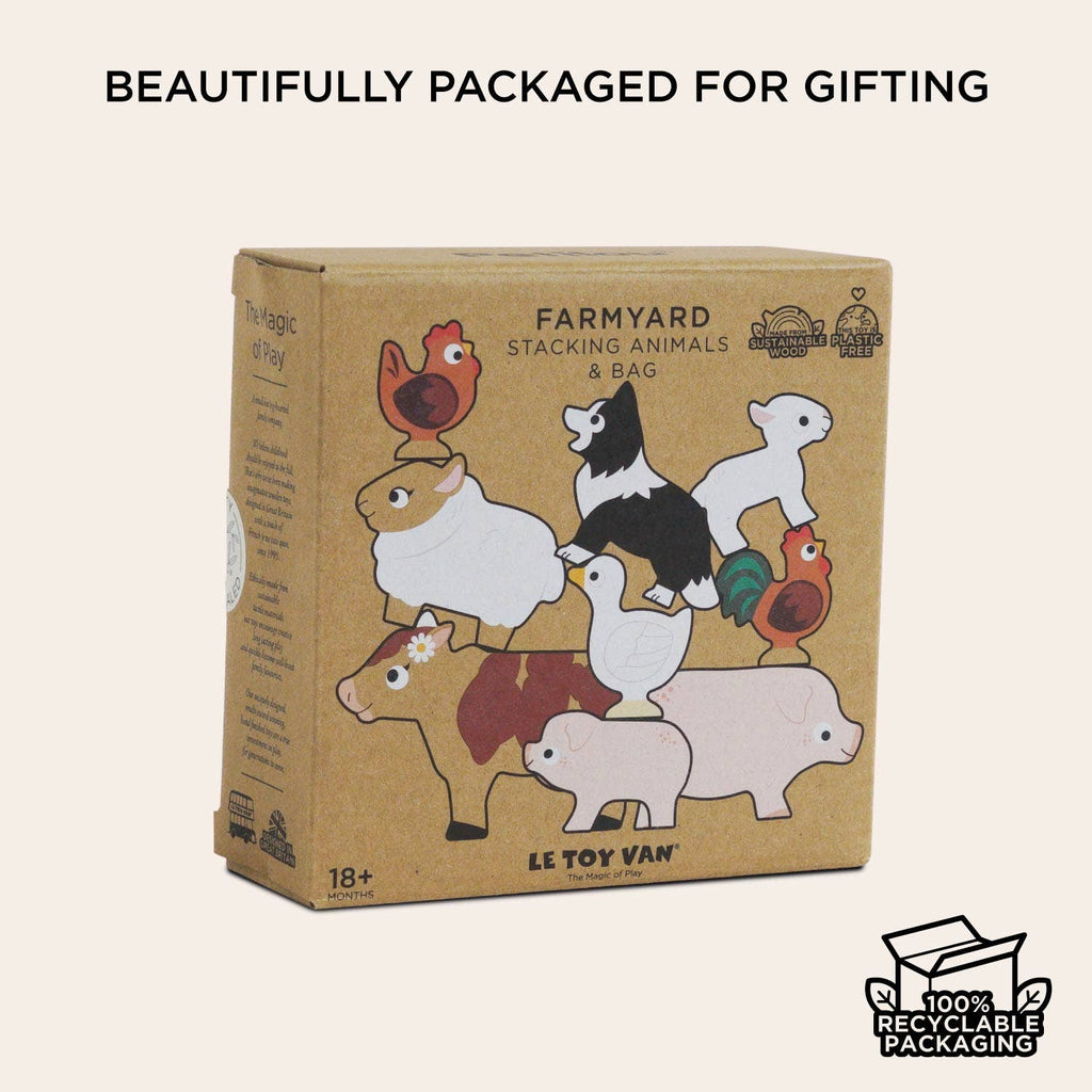 The Farmyard Stacking Animals and Bag comes in a cardboard box with stacked animal illustrations. Made from 100% recyclable materials, this eco-friendly toy is beautifully packaged—perfect for gifting.
