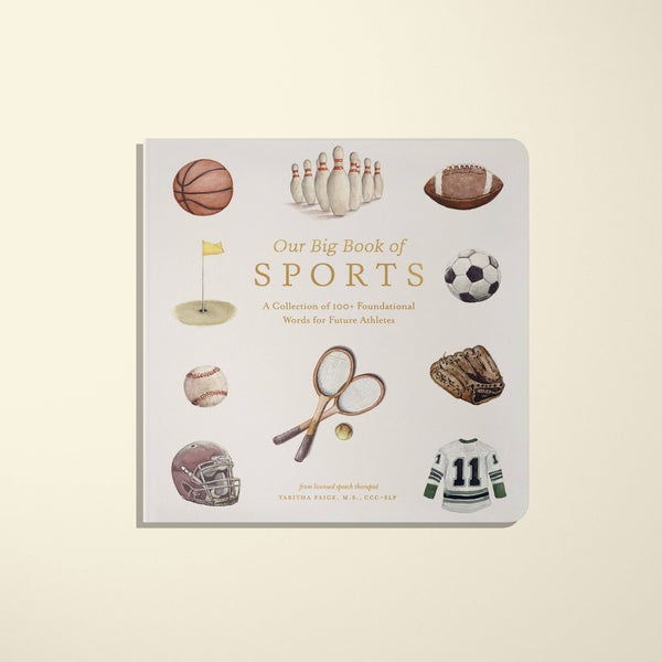 Our Big Book of Sports: A Collection of 100+ Sports Words is a preschool book with colorful illustrations of items like basketballs, footballs, tennis rackets, helmets, and jerseys—a fun sports vocabulary builder for young learners.