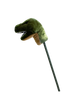 The Hobbyhorse - T-Rex Dino features a plush green dinosaur head with white fabric teeth and a brown underside, mounted on a stick—perfect for imaginative play.