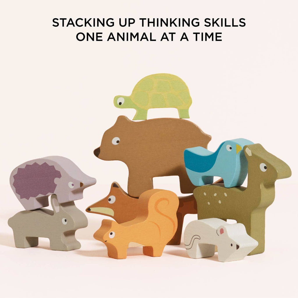 Introducing the Woodland Stacking Forest Animals & Bag: eight colorful wooden animal toys—including a turtle, bear, hedgehog, fox, squirrel, rabbit, mouse, and bird—stack together to form a delightful woodland animals set. Text above reads: "STACKING UP THINKING SKILLS ONE ANIMAL AT A TIME." This sustainable toy promotes creative play with sturdy wooden animal blocks.