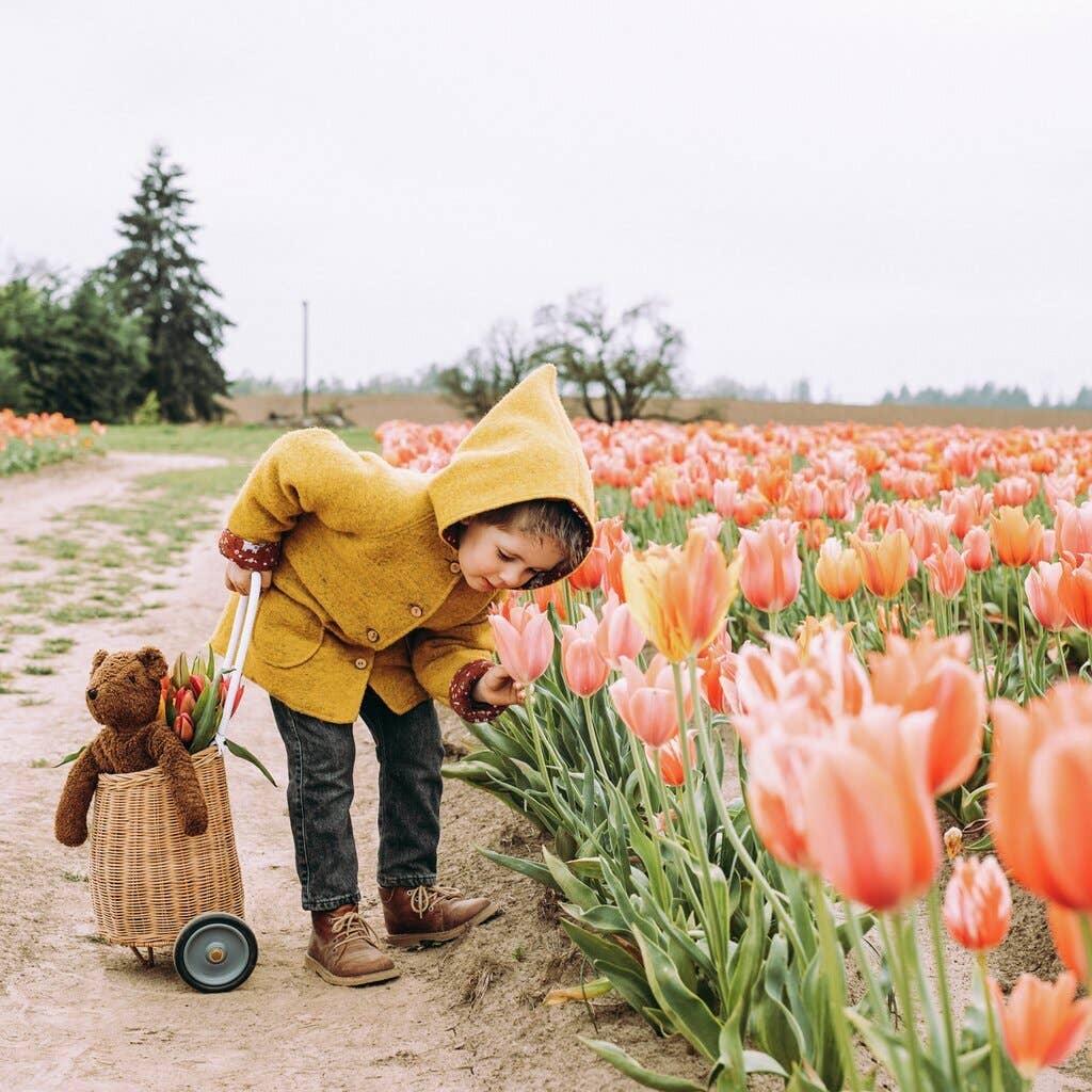 A young child in a yellow hooded coat bends to smell pink tulips in a field, with the Senger Naturwelt Stuffed Animal - Large Brown Bear and a basket on wheels beside them. Tulip fields extend beneath an overcast sky.