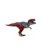 A Schleich Tyrannosaurus Rex Blue Dinosaur Toy, featuring red, blue, and gray coloring, is displayed standing on a white background.