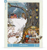 The Cold Hollow - 1000 Piece Jigsaw Puzzle shows a winter scene with a red house, an owl perched on a large hollow tree, and anthropomorphic animals enjoying tea inside the trunk.