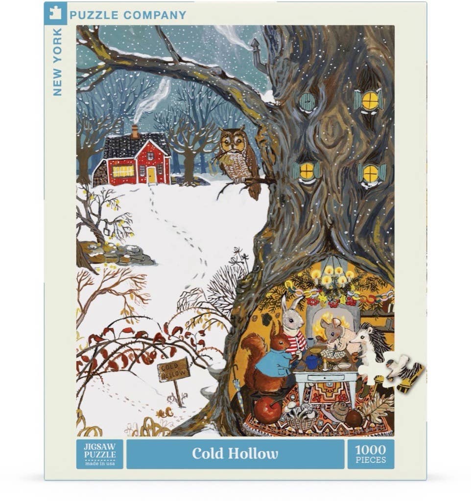 The Cold Hollow - 1000 Piece Jigsaw Puzzle shows a winter scene with a red house, an owl perched on a large hollow tree, and anthropomorphic animals enjoying tea inside the trunk.
