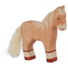 The Holztiger Foal, Standing is a handcrafted wooden toy with a light brown body, dark brown details, white mane and tail, and reddish-brown legs. Made in Europe, it features simple painted facial features like all HOLZTIGER figures.