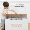 A young boy opens a hand-crafted Toy Storage Box labeled "TOYS," revealing playful illustrations of stuffed animals inside. Text on the wall reads, "A BOX FULL OF IMAGINATION.