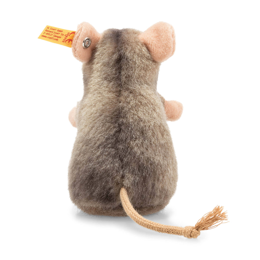 The Steiff Piff Mouse Plush Toy, 4 Inches, features brown and gray fur, pink ears, a tan rope tail, and a yellow tag on its left ear—an ideal addition for collectors of Steiff mouse stuffed animals.
