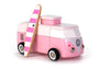 The VW Beach Bus Pink is a pink and white toy van featuring a detachable striped surfboard on the side and a magnetic camper top, shown against a white background.