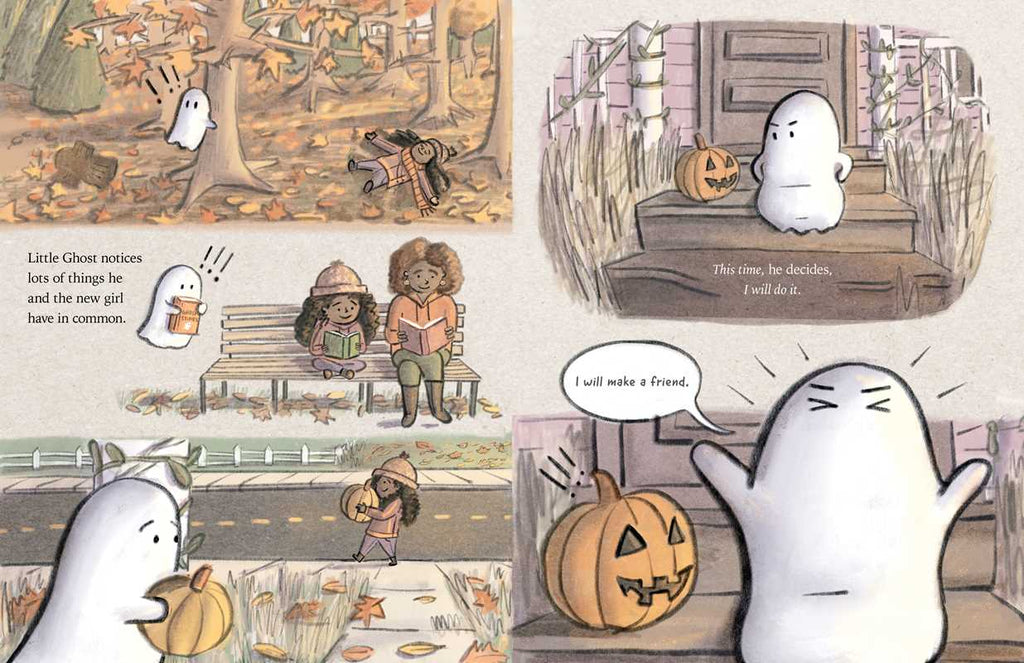 In the book "Little Ghost Makes a Friend," a shy ghost watches from afar as a girl and her mother enjoy the autumn leaves. Determined to make friends before the Halloween party, Little Ghost decides to approach the girl by placing a pumpkin on her porch. The ghost looks hopeful and determined.
