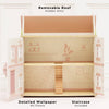 Sophie's Wooden Dolls House is a pastel pink, FSC-certified toy featuring a removable roof that reveals a hidden attic, detailed wallpaper, staircase, illustrated shelves, plants, and windows on pale pink and beige walls.