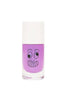 A bottle of purple Nailmatic kids nail polish with a cartoon face featuring large eyes and a wide smile on a white background.