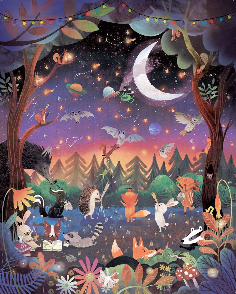 The Mischief Under the Moonlight 300 Piece Puzzle features charming matte textured pieces depicting animals reading, painting, and stargazing beneath a crescent moon—crafted from recycled materials.
