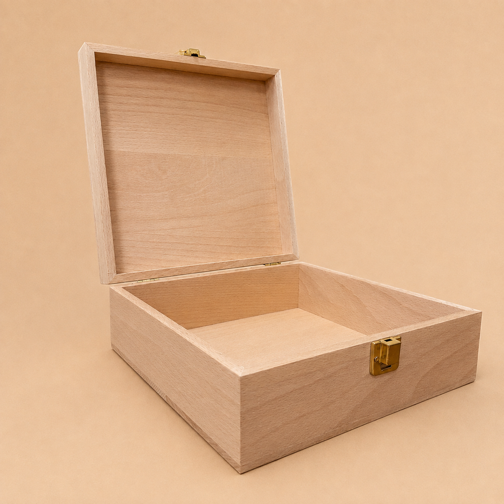 The Toverlux Silhouette Storage Box Deluxe is shown open, revealing its empty interior—ideal for organizing your silhouette collection. Crafted from light wood with a hinged lid and featuring a small gold clasp on the front, this elegant box is set against a matching beige background, offering a stylish and practical storage solution for your Toverlux Silhouettes.