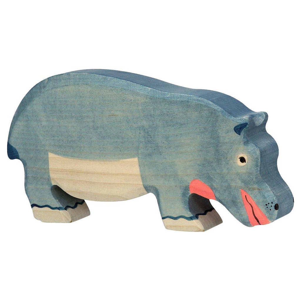 The Holztiger Hippopotamus, Feeding is a handcrafted wooden toy painted in blue and beige with pink accents on its mouth and ear, standing on four legs. Part of the charming HOLZTIGER figures collection, it is made in Europe.