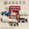 The London Toy Car Set, featuring iconic London vehicles like a double-decker bus, police car, ambulance, and taxi, sits on a beige surface. Icons above showcase its benefits: creativity, dexterity, imagination, social skills, and coordination.