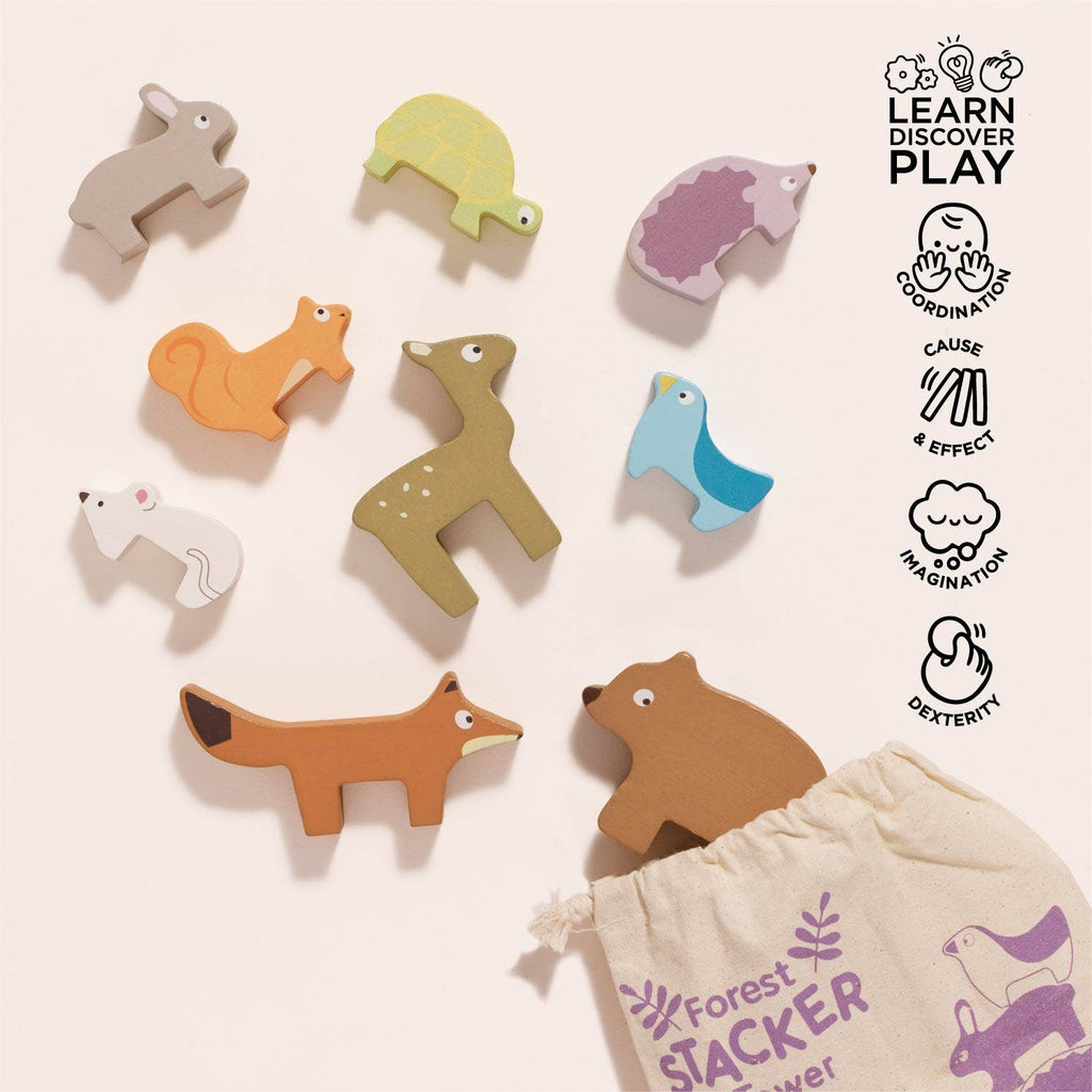 Nine vibrant wooden figures—including woodland animals and a bird—are displayed on a pale background, alongside the partially opened cloth bag from the Woodland Stacking Forest Animals & Bag set. On the right, five educational icons with text showcase this eco-friendly and playful sustainable toy.
